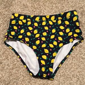 Boden Lemon Print High Waist Bikini Bottom Navy Blue Swim Women’s size US 10